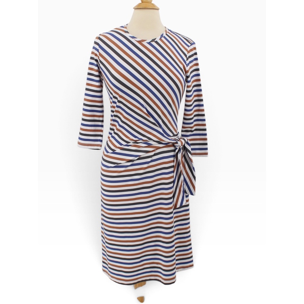 J. McLaughlin Elora Dress Small Striped Faux Wrap Navy Brown White 3/4 Sleeve